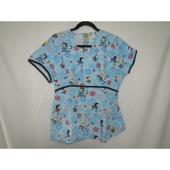 Peanuts by Schulz Scrub Top M Snoopy Ice Skating Snowflake Christmas Nurse - Picture 1 of 6